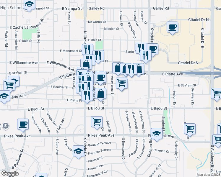 map of restaurants, bars, coffee shops, grocery stores, and more near 412 Arrawanna Street in Colorado Springs