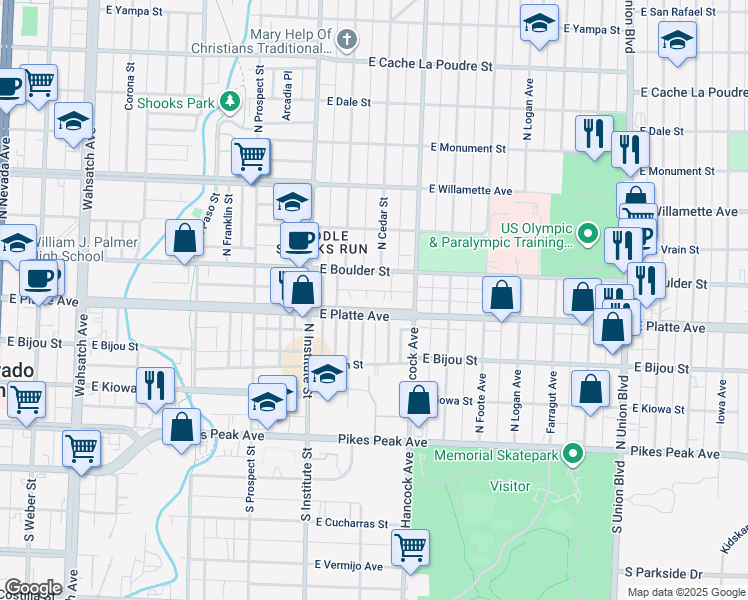 map of restaurants, bars, coffee shops, grocery stores, and more near 1040 East Platte Avenue in Colorado Springs