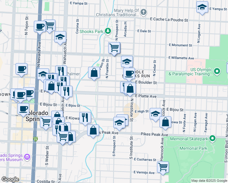 map of restaurants, bars, coffee shops, grocery stores, and more near 742 East Platte Avenue in Colorado Springs
