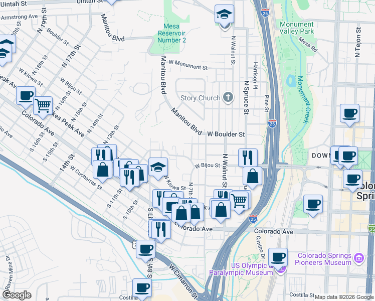 map of restaurants, bars, coffee shops, grocery stores, and more near 716 West Bijou Street in Colorado Springs