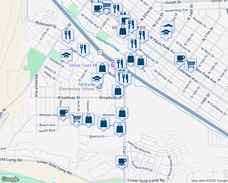 map of restaurants, bars, coffee shops, grocery stores, and more near 2197 Baltimore Circle in Colorado Springs