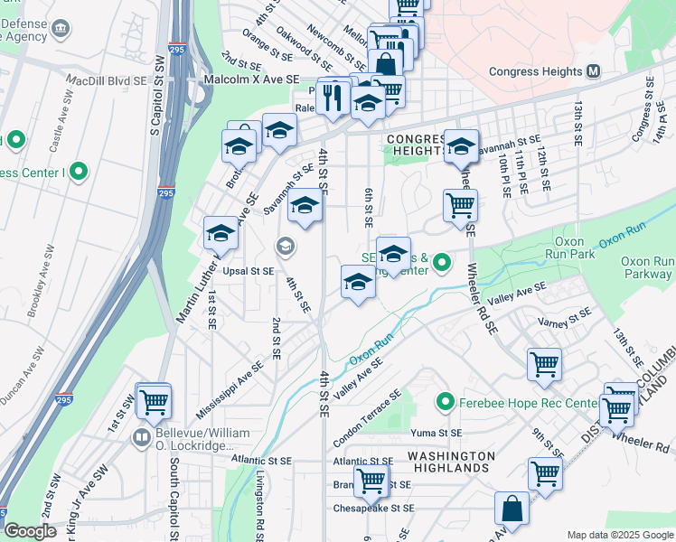 map of restaurants, bars, coffee shops, grocery stores, and more near 415 Woodcrest Drive Southeast in Washington