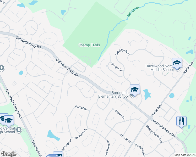 map of restaurants, bars, coffee shops, grocery stores, and more near 3951 Triple Crown Drive in Florissant