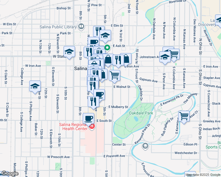 map of restaurants, bars, coffee shops, grocery stores, and more near 306 East Walnut Street in Salina