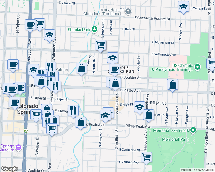 map of restaurants, bars, coffee shops, grocery stores, and more near 820 East Platte Avenue in Colorado Springs
