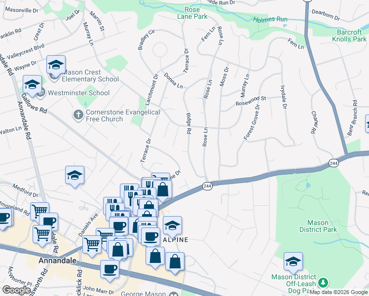 map of restaurants, bars, coffee shops, grocery stores, and more near 7000 Kenneth Drive in Annandale