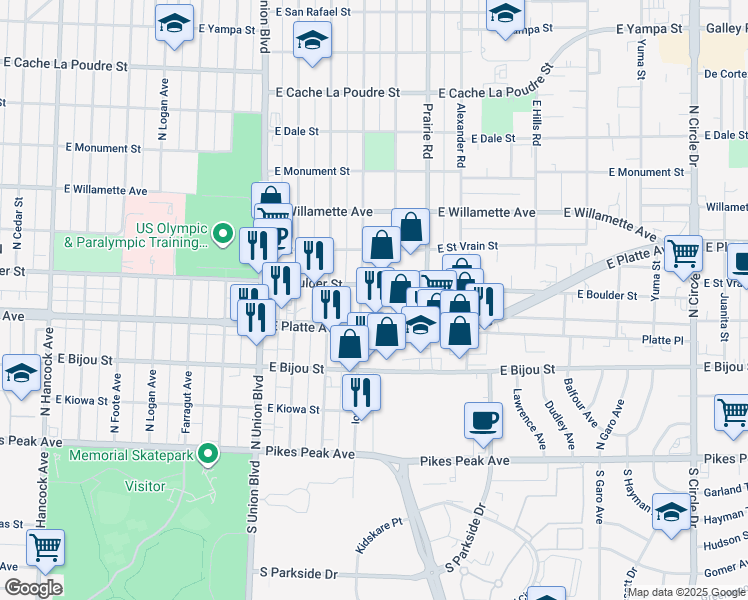 map of restaurants, bars, coffee shops, grocery stores, and more near 323 Iowa Avenue in Colorado Springs