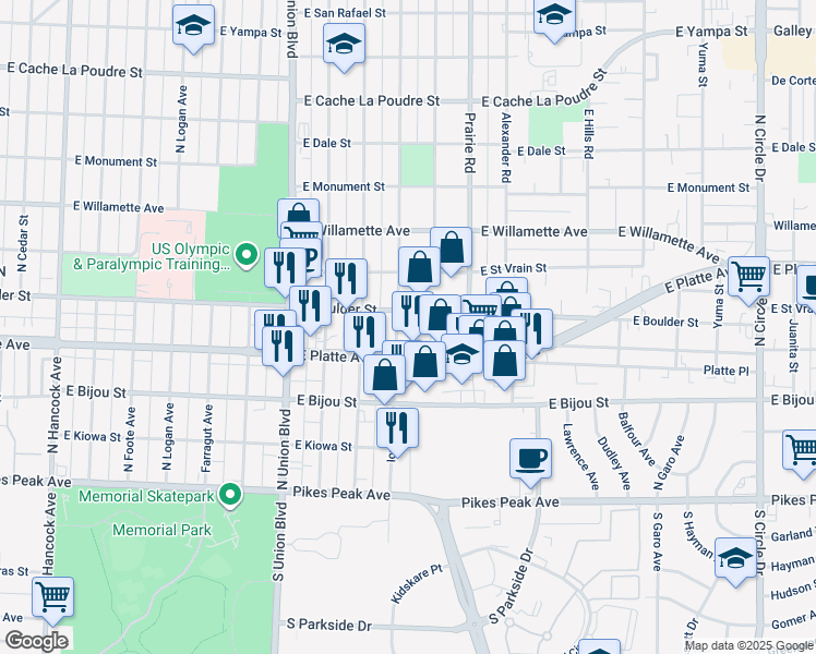 map of restaurants, bars, coffee shops, grocery stores, and more near 323 Iowa Avenue in Colorado Springs
