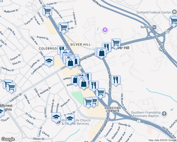 map of restaurants, bars, coffee shops, grocery stores, and more near 3713 Wilkinson Drive in Hillcrest Heights