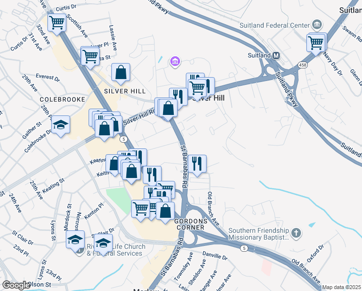 map of restaurants, bars, coffee shops, grocery stores, and more near 3807 Saint Barnabas Road in Suitland-Silver Hill