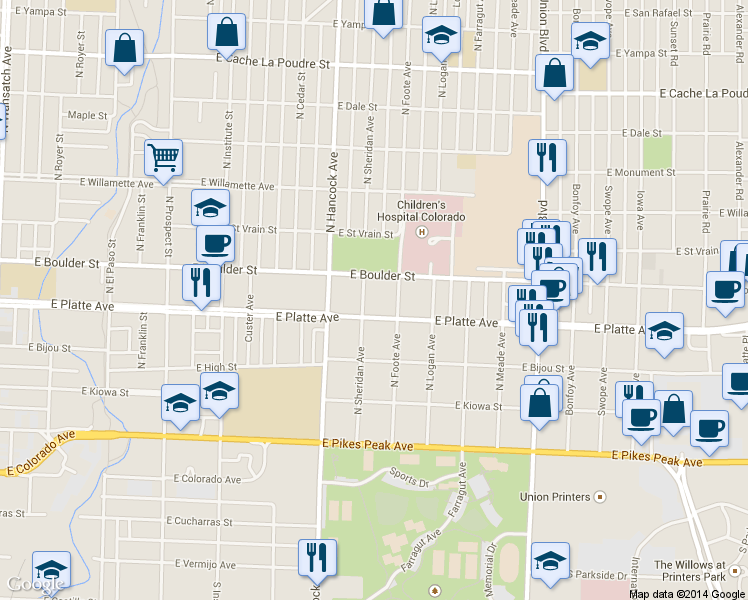 map of restaurants, bars, coffee shops, grocery stores, and more near 313 North Sheridan Avenue in Colorado Springs