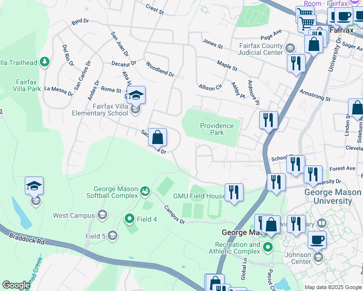 map of restaurants, bars, coffee shops, grocery stores, and more near 10831 Santa Clara Drive in Fairfax
