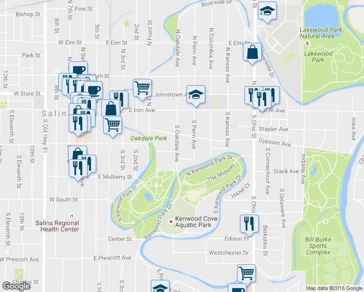 map of restaurants, bars, coffee shops, grocery stores, and more near 211 South Oakdale Avenue in Salina