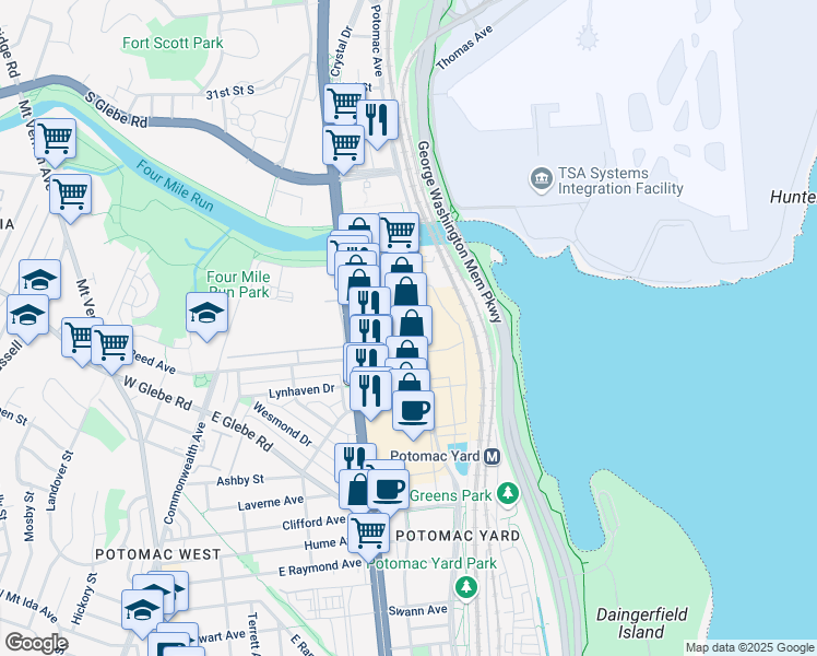 map of restaurants, bars, coffee shops, grocery stores, and more near 3651 Richmond Highway in Alexandria