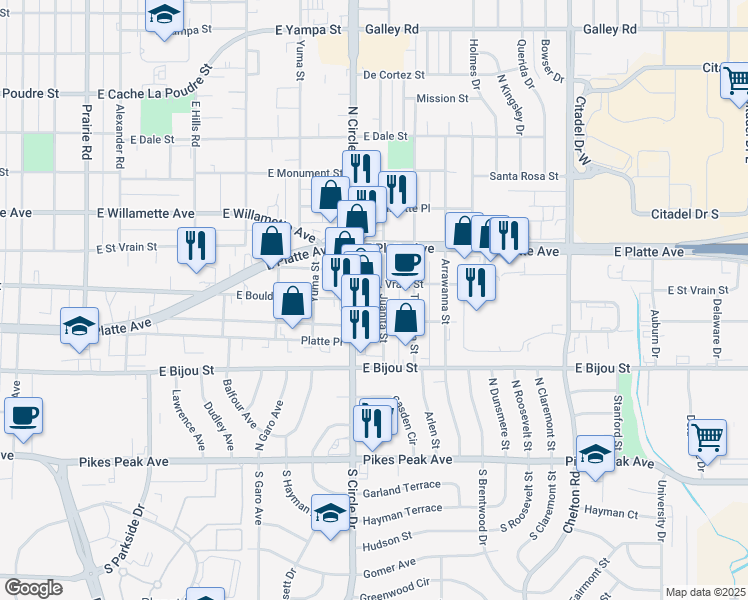 map of restaurants, bars, coffee shops, grocery stores, and more near 414 Juanita Street in Colorado Springs