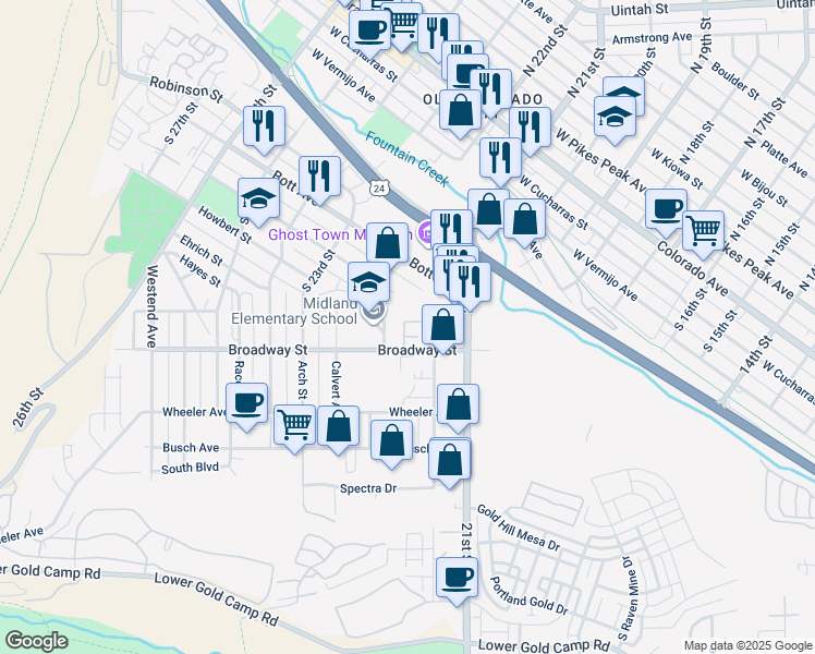 map of restaurants, bars, coffee shops, grocery stores, and more near 2161 Baltimore Circle in Colorado Springs
