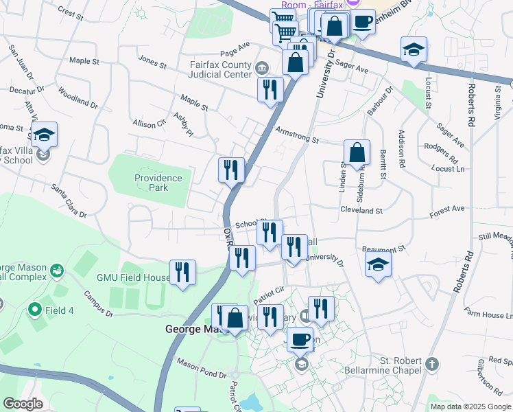 map of restaurants, bars, coffee shops, grocery stores, and more near 4315 Chain Bridge Road in Fairfax
