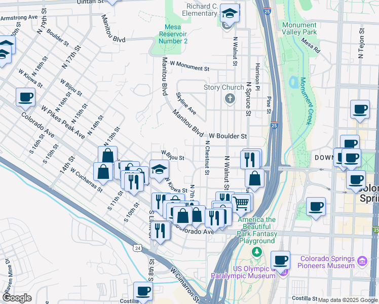 map of restaurants, bars, coffee shops, grocery stores, and more near 716 West Bijou Street in Colorado Springs