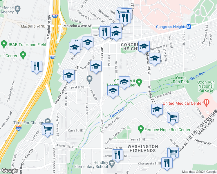 map of restaurants, bars, coffee shops, grocery stores, and more near Woodcrest Drive Southeast in Washington