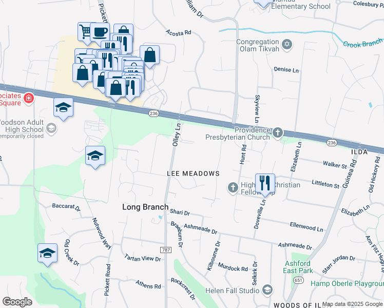 map of restaurants, bars, coffee shops, grocery stores, and more near 4027 Olley Lane in Fairfax