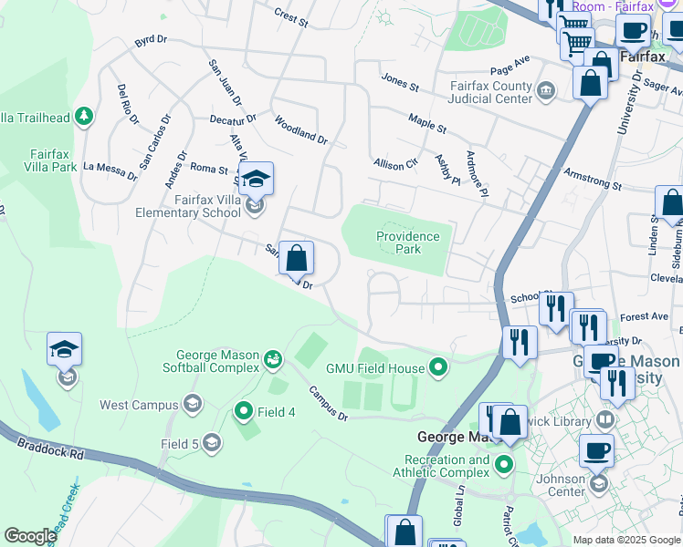 map of restaurants, bars, coffee shops, grocery stores, and more near 10831 Santa Clara Drive in Fairfax