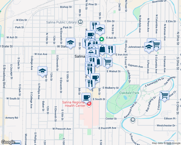 map of restaurants, bars, coffee shops, grocery stores, and more near 200 South Santa Fe Avenue in Salina