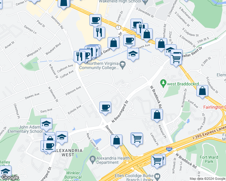 map of restaurants, bars, coffee shops, grocery stores, and more near 5000 Echols Avenue in Alexandria