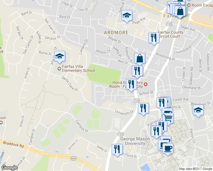 map of restaurants, bars, coffee shops, grocery stores, and more near 10696 Sessions Court in Fairfax