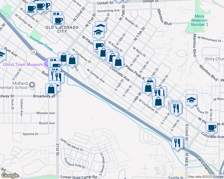 map of restaurants, bars, coffee shops, grocery stores, and more near 1609 West Vermijo Avenue in Colorado Springs