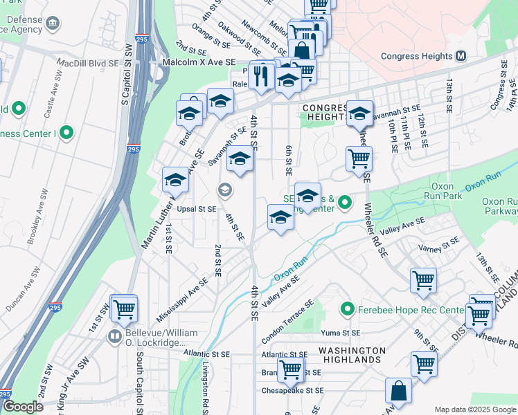map of restaurants, bars, coffee shops, grocery stores, and more near 3702 4th Street Southeast in Washington