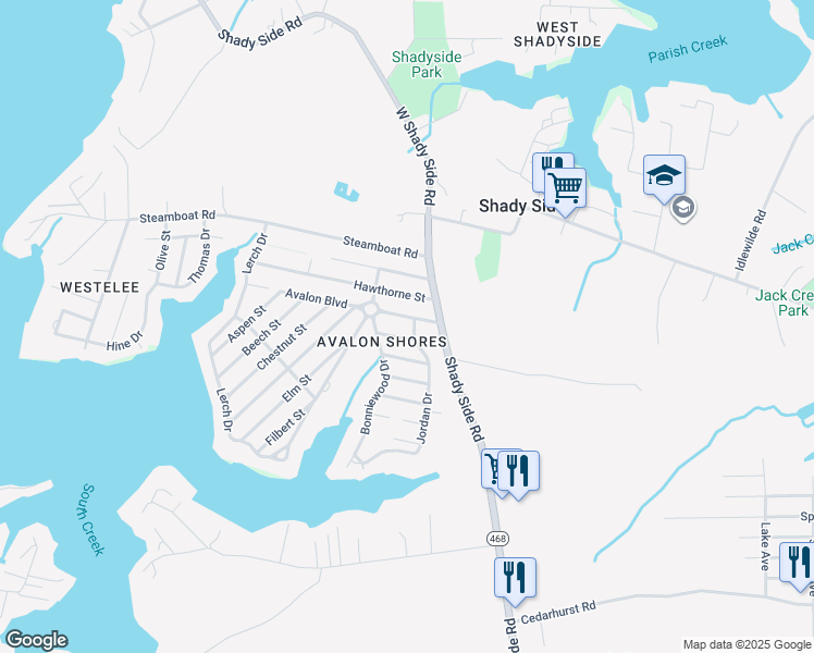 map of restaurants, bars, coffee shops, grocery stores, and more near 1313 Avalon Boulevard in Shady Side
