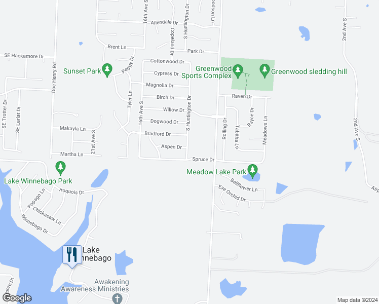 map of restaurants, bars, coffee shops, grocery stores, and more near 1403 South Huntington Drive in Greenwood