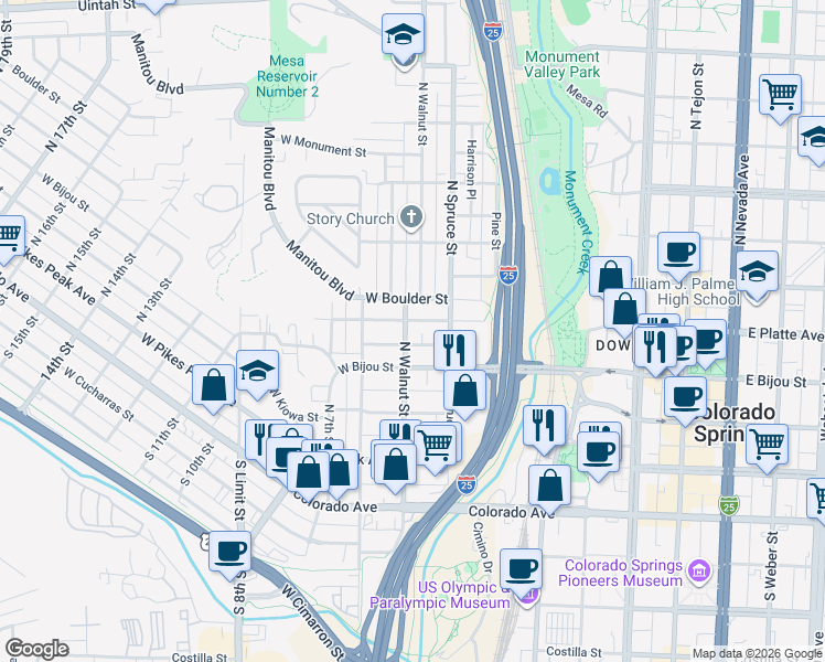 map of restaurants, bars, coffee shops, grocery stores, and more near 417 West Platte Avenue in Colorado Springs