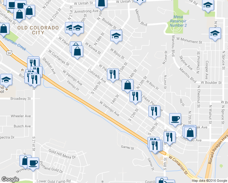 map of restaurants, bars, coffee shops, grocery stores, and more near 115 South 15th Street in Colorado Springs