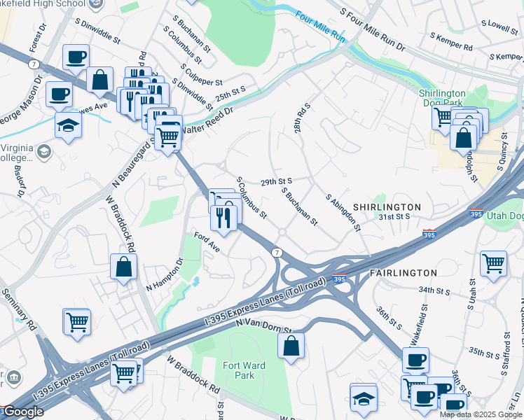 map of restaurants, bars, coffee shops, grocery stores, and more near 2965 South Columbus Street in Arlington