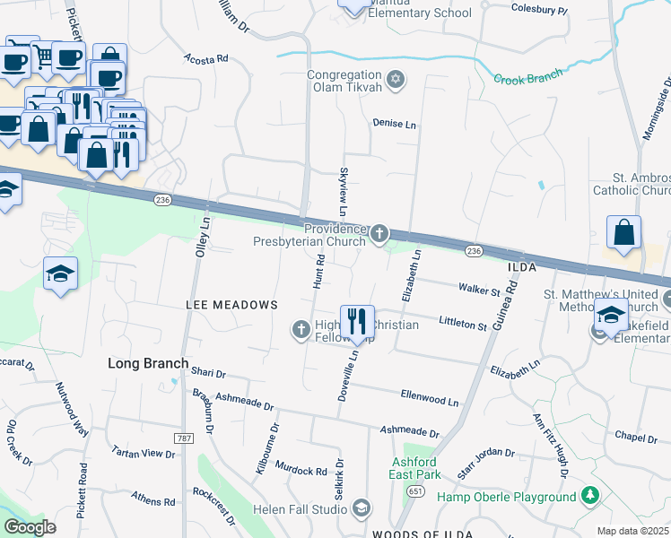map of restaurants, bars, coffee shops, grocery stores, and more near 9207 Hunting Pines Place in Fairfax