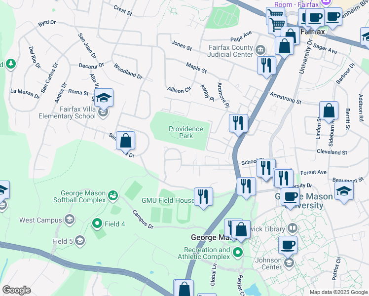 map of restaurants, bars, coffee shops, grocery stores, and more near 10696 Sessions Court in Fairfax