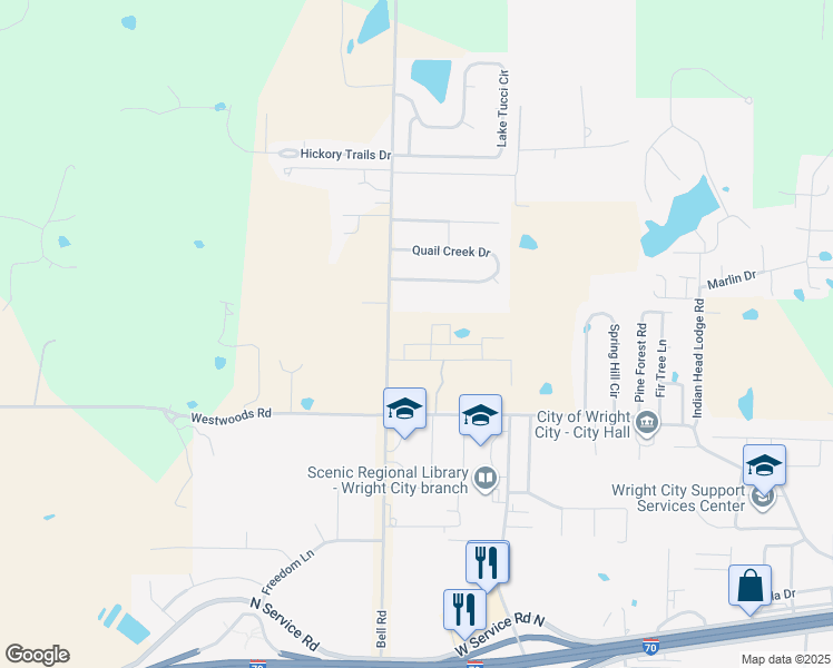 map of restaurants, bars, coffee shops, grocery stores, and more near 100 Bell Road in Wright City