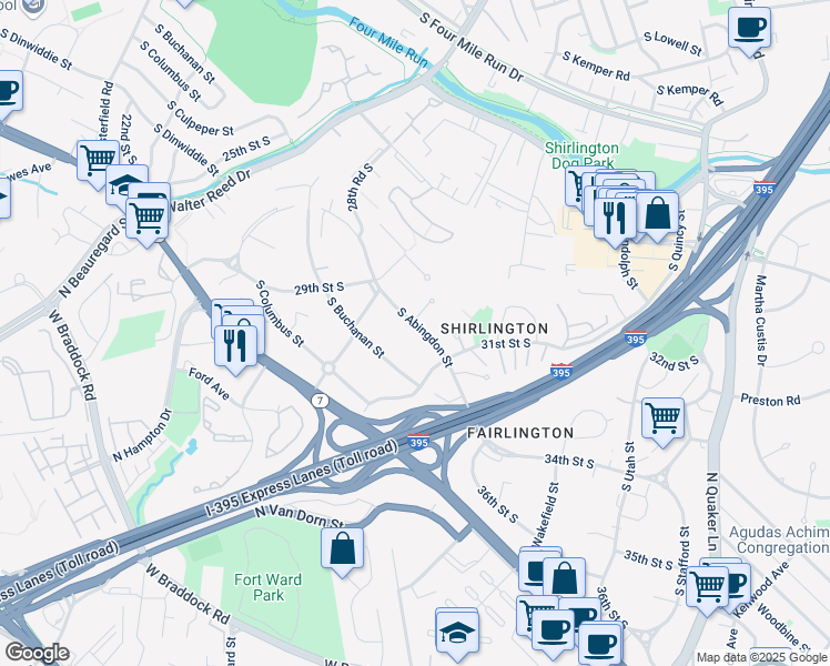 map of restaurants, bars, coffee shops, grocery stores, and more near 3058 South Abingdon Street in Arlington