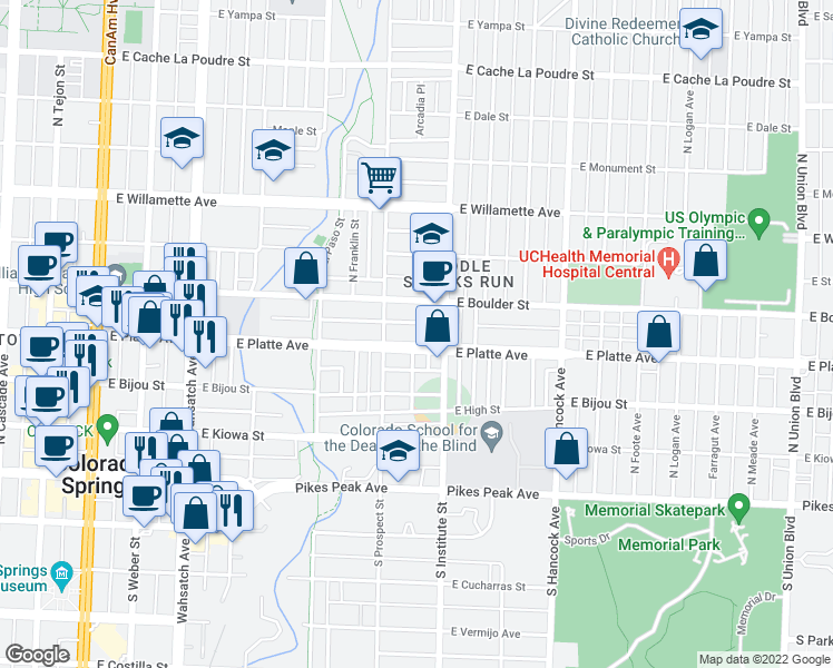 map of restaurants, bars, coffee shops, grocery stores, and more near 820 East Platte Avenue in Colorado Springs