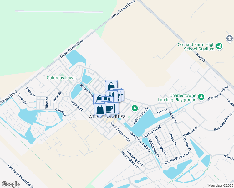 map of restaurants, bars, coffee shops, grocery stores, and more near 3601 Hempstead Street in Saint Charles