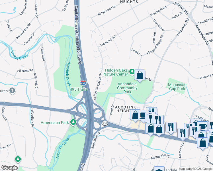 map of restaurants, bars, coffee shops, grocery stores, and more near 7863 Hampton Village Pass in Annandale