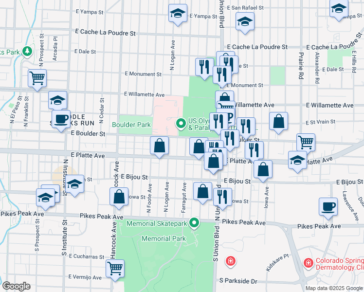 map of restaurants, bars, coffee shops, grocery stores, and more near 322 Farragut Avenue in Colorado Springs