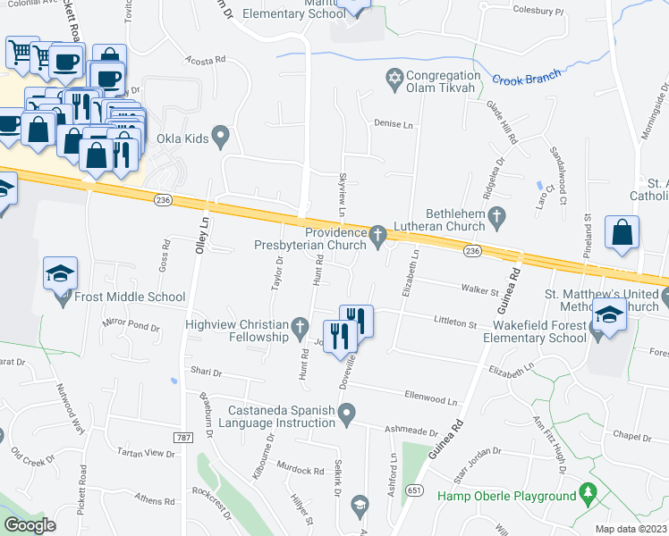 map of restaurants, bars, coffee shops, grocery stores, and more near 9207 Hunting Pines Place in Fairfax