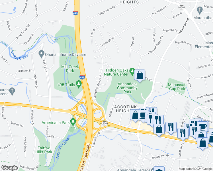 map of restaurants, bars, coffee shops, grocery stores, and more near 7863 Hampton Village Pass in Annandale