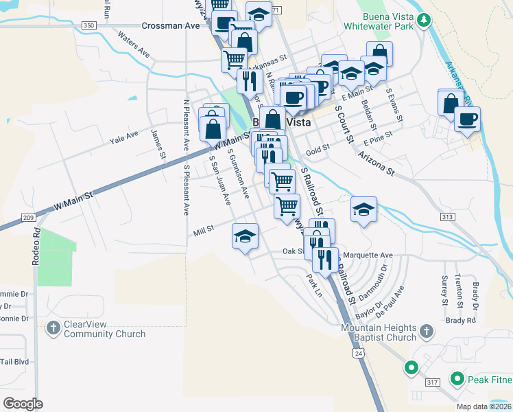 map of restaurants, bars, coffee shops, grocery stores, and more near 202 Mill Street in Buena Vista