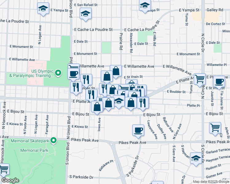 map of restaurants, bars, coffee shops, grocery stores, and more near 2203 East Boulder Street in Colorado Springs