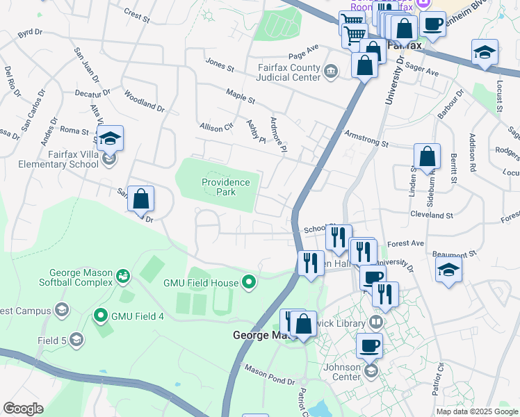 map of restaurants, bars, coffee shops, grocery stores, and more near 10606 Kitty Pozer Drive in Fairfax