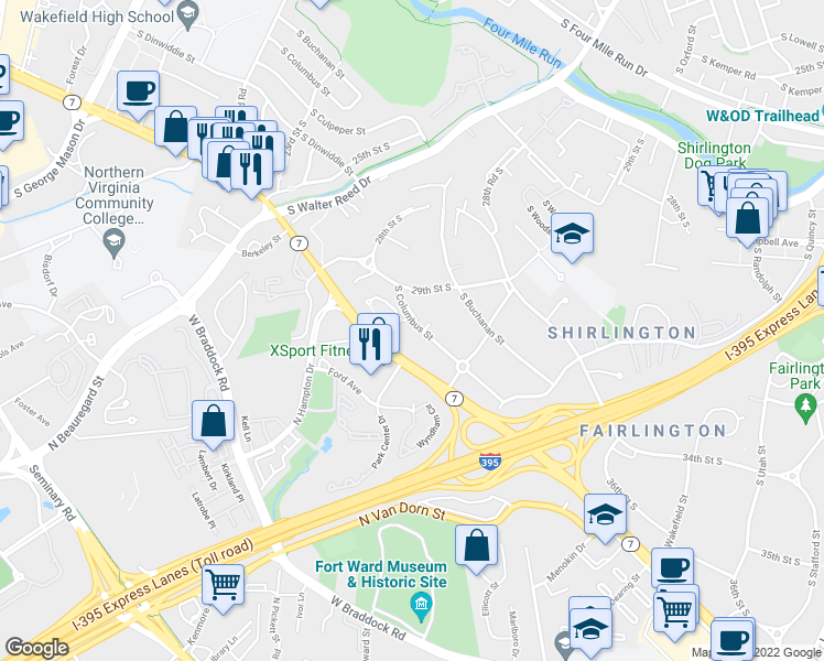 map of restaurants, bars, coffee shops, grocery stores, and more near 2932 South Columbus Street in Arlington