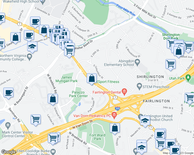 map of restaurants, bars, coffee shops, grocery stores, and more near 4900 29th Road South in Arlington